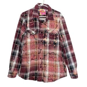 Upcycled Flannel Shirt Mens Size Large XL Unisex Bleached Floral Shacket Red